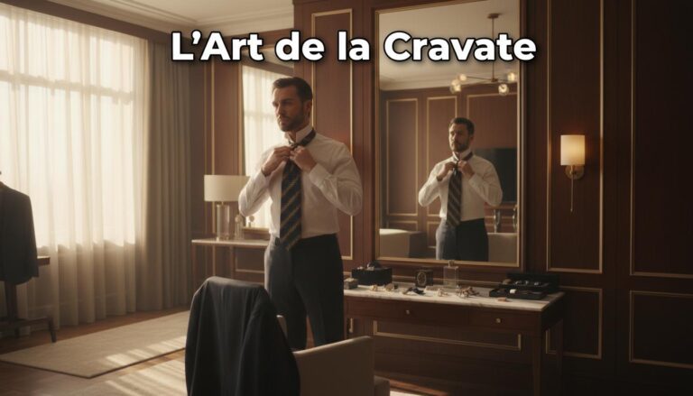 Homme élégant ajustant son nœud de cravate devant un miroir en acajou dans un dressing ensoleillé avec le texte L'Art de la Cravate.