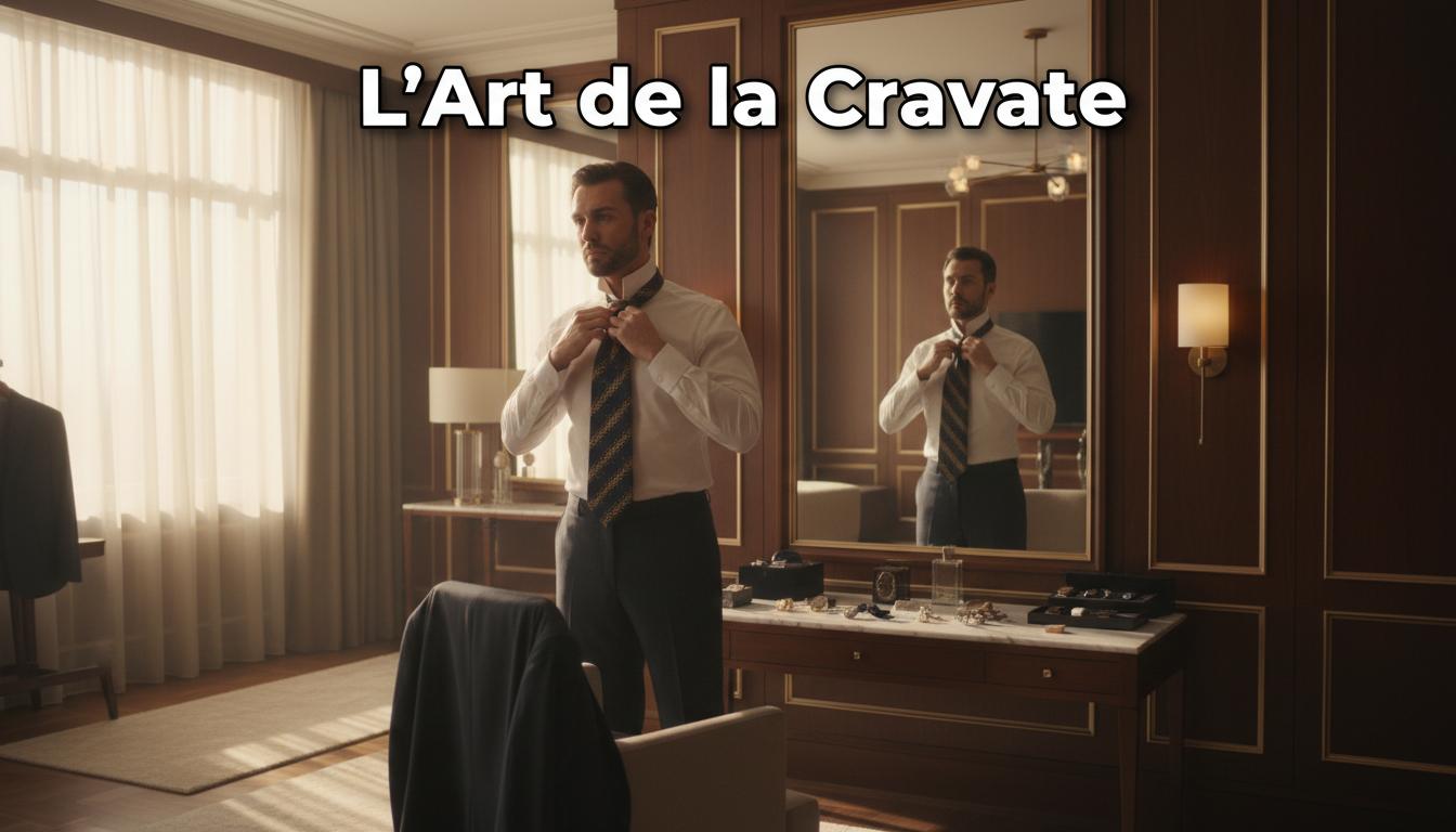 Homme élégant ajustant son nœud de cravate devant un miroir en acajou dans un dressing ensoleillé avec le texte L'Art de la Cravate.