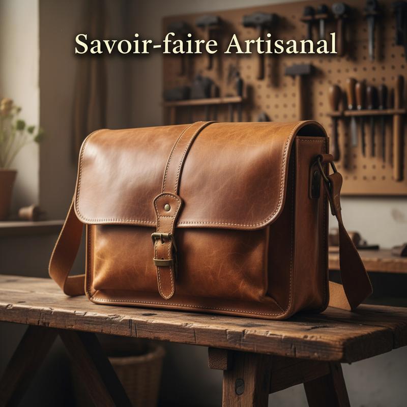 Besace en cuir vintage à la patine naturelle posée sur un vieux banc en bois avec l'inscription Savoir-faire Artisanal.