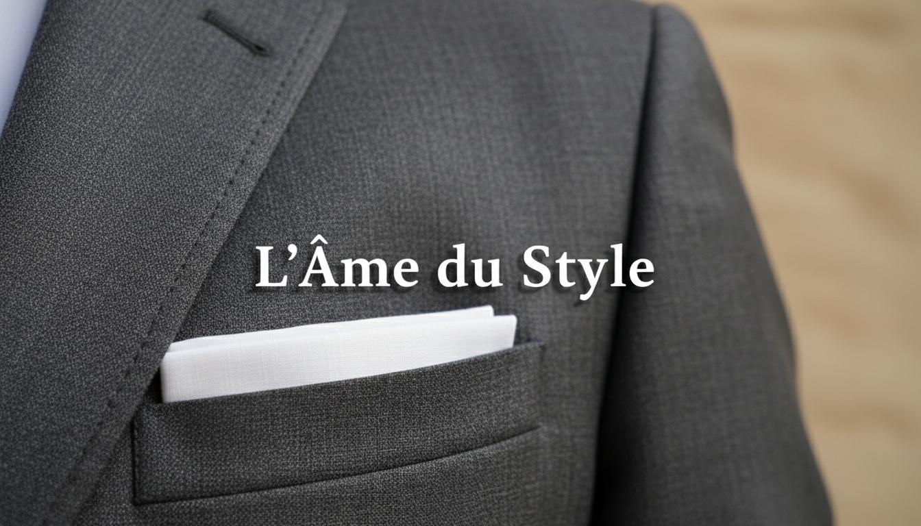 Gros plan sur la poche d'un blazer en laine gris anthracite avec une pochette en lin blanc et le texte élégant L'Âme du Style.