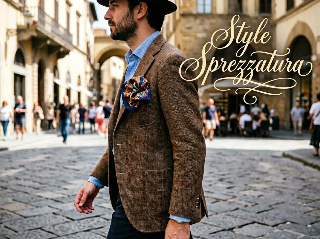 Pochette en soie à motifs colorés avec pliage bouffant sur un blazer marron et texte manuscrit Style Sprezzatura.