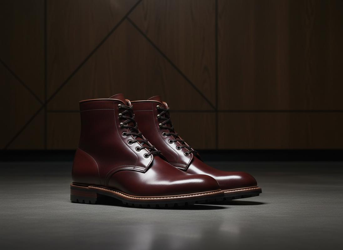 Bottes Beckman en cuir rouge cerise poli avec semelle crantée, montrant une silhouette affinée sous un éclairage contrasté.