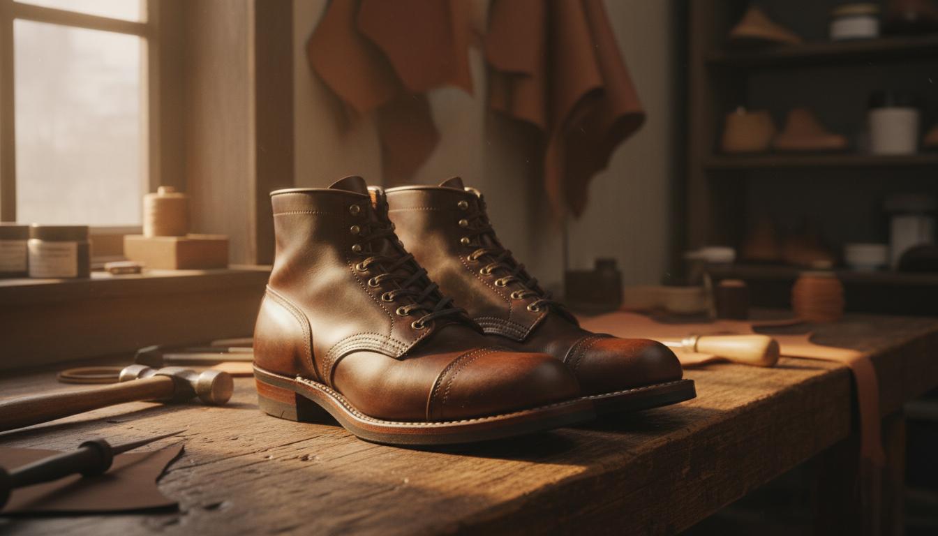 Bottines de travail en cuir huilé posées sur un établi ancien en bois dans un atelier artisanal avec lumière chaude mettant en valeur les coutures.