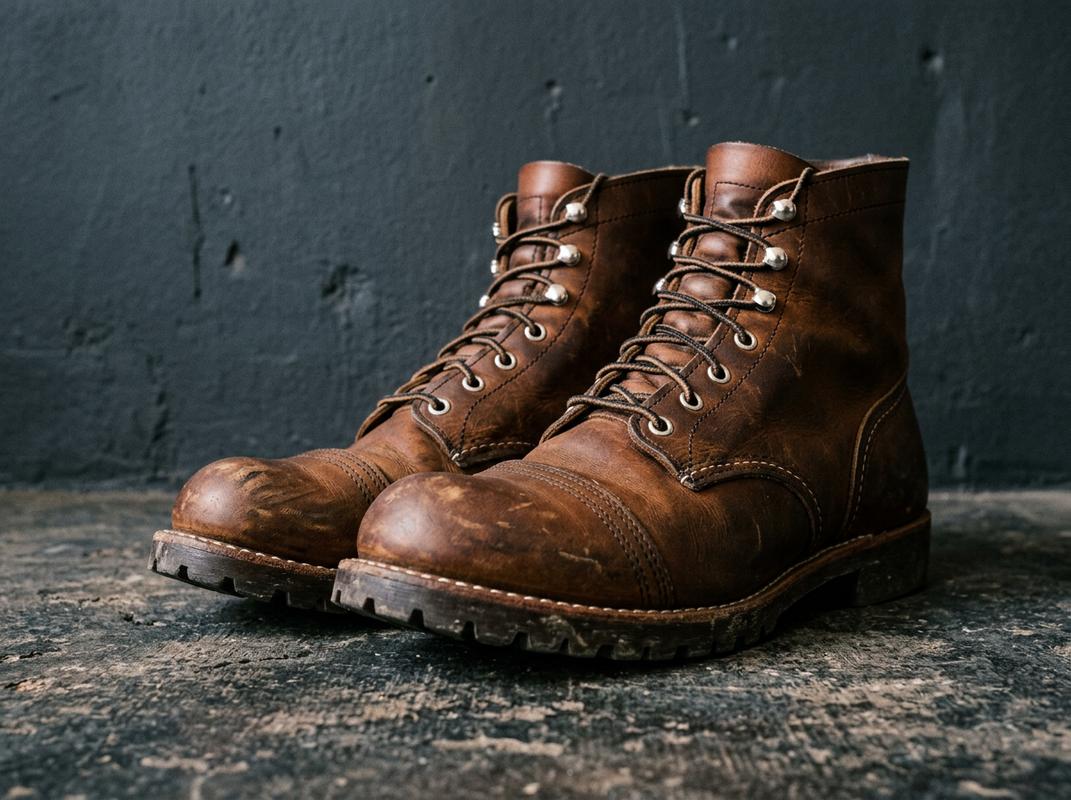 Bottines Iron Ranger en cuir ambre patiné avec bout renforcé et œillets chromés mises en valeur sur un fond gris ardoise.