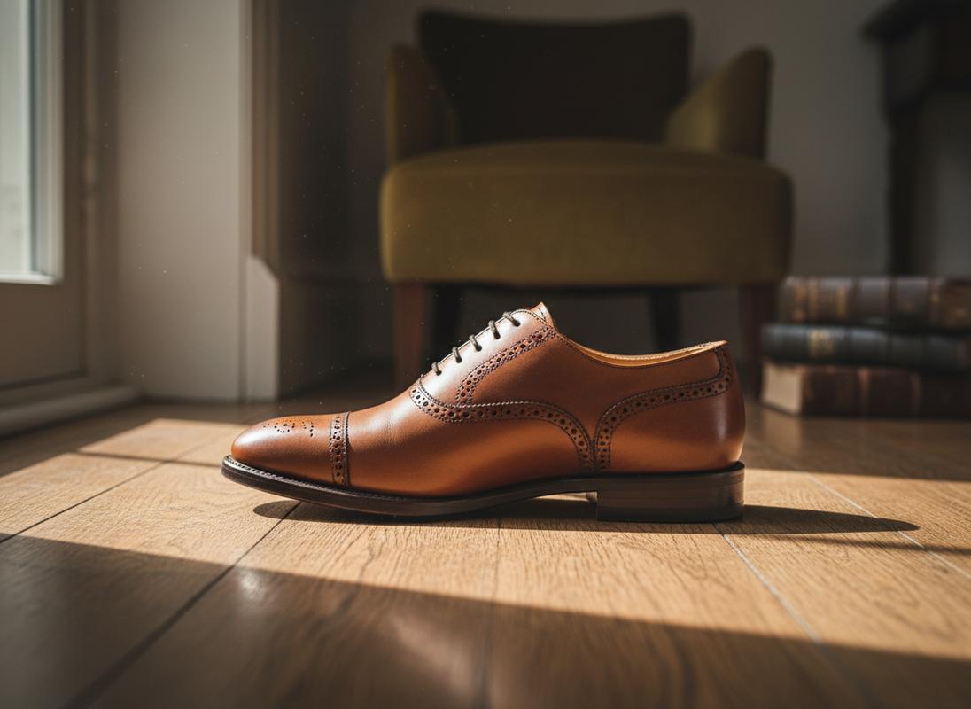 Soulier Oxford Church's Consul en cuir marron vu de profil, posé sur un parquet en bois ancien baigné de lumière naturelle.