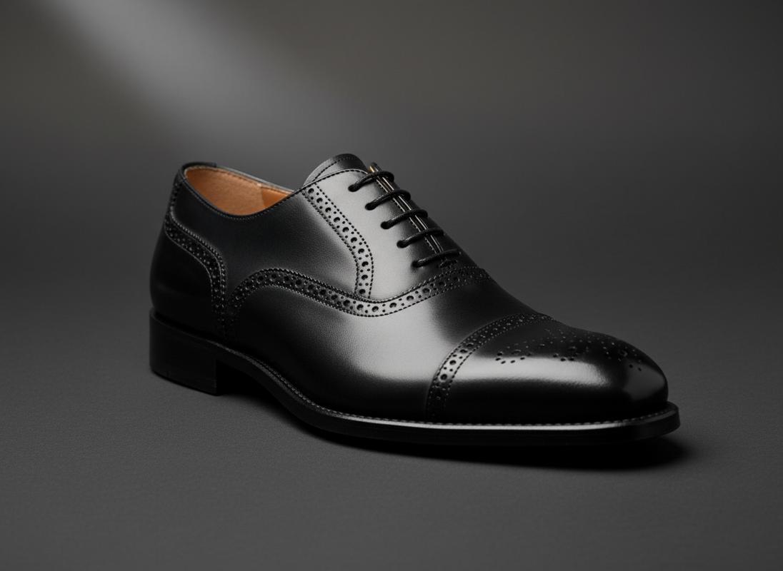 Chaussure Richelieu J.M. Weston en cuir noir brillant présentée de trois-quarts avec des surpiqûres détaillées sur un fond gris anthracite.