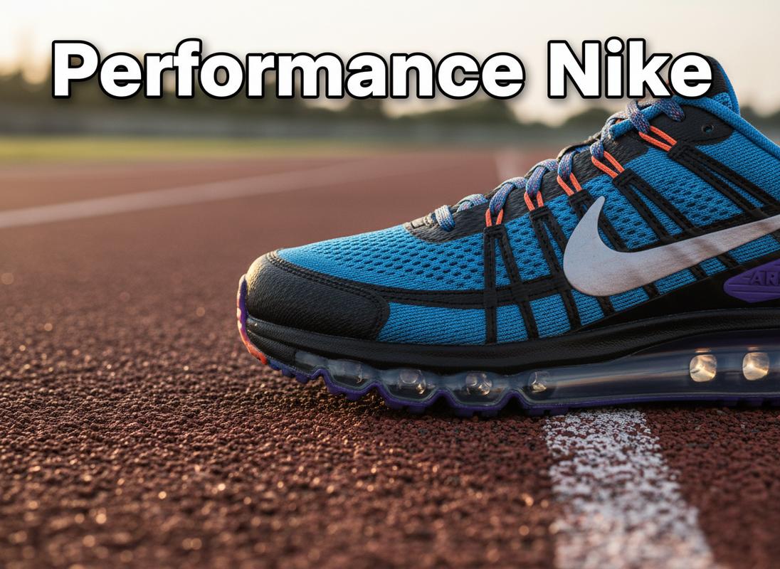 Vue latérale d'une basket Nike Air Max avec sa bulle d'air iconique sur une piste de course au crépuscule, incluant l'inscription Performance Nike.