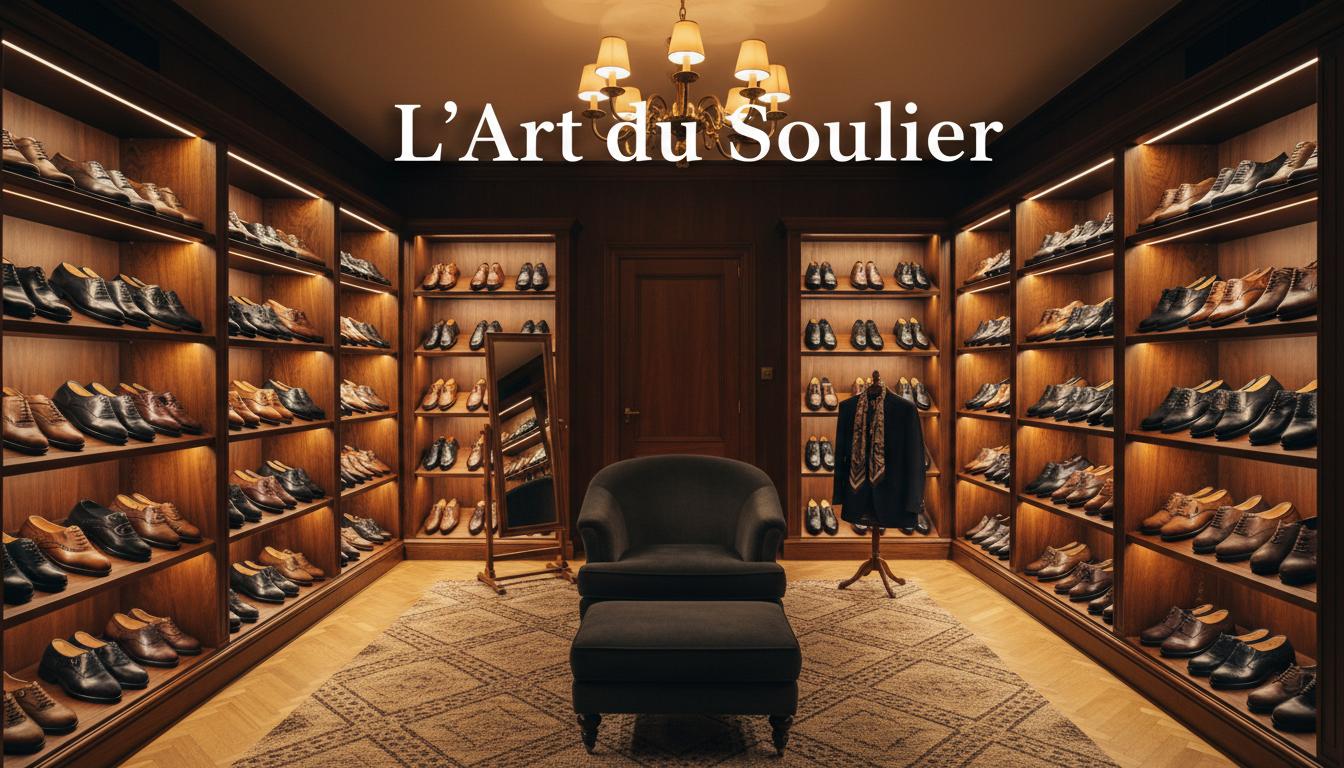 Vaste dressing de luxe en acajou avec étagères de souliers artisanaux en cuir et texte superposé L'Art du Soulier.