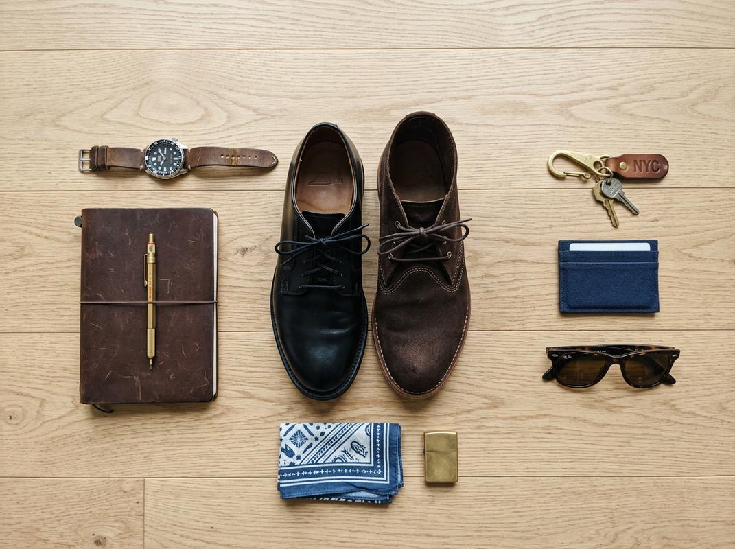 Chaussures Postman Oxford et boots Classic Chukka posées sur parquet en chêne clair avec carnet en cuir et montre vintage dans une composition à plat soignée.