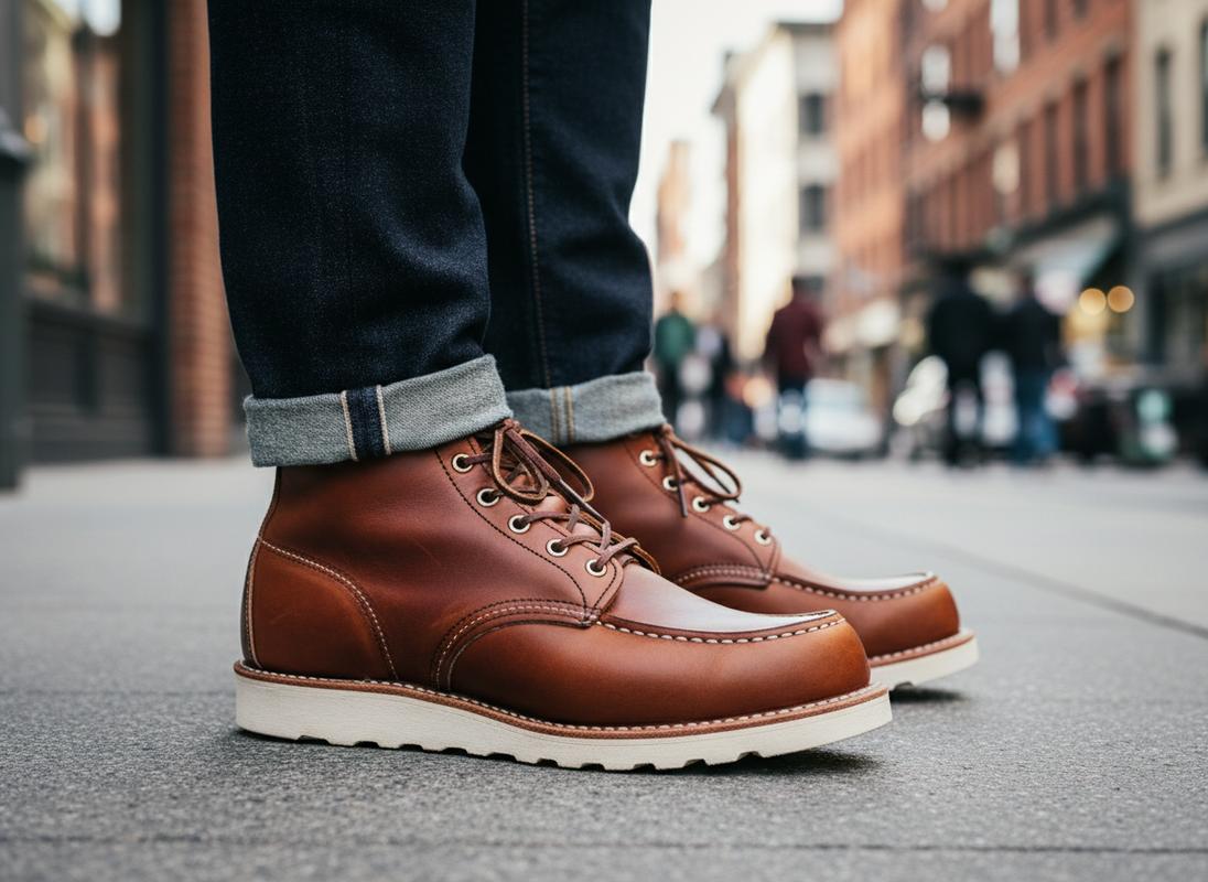 Bottines Classic Moc Toe en cuir brun rougeâtre sur trottoir urbain, avec couture mocassin et épaisse semelle blanche à traction.