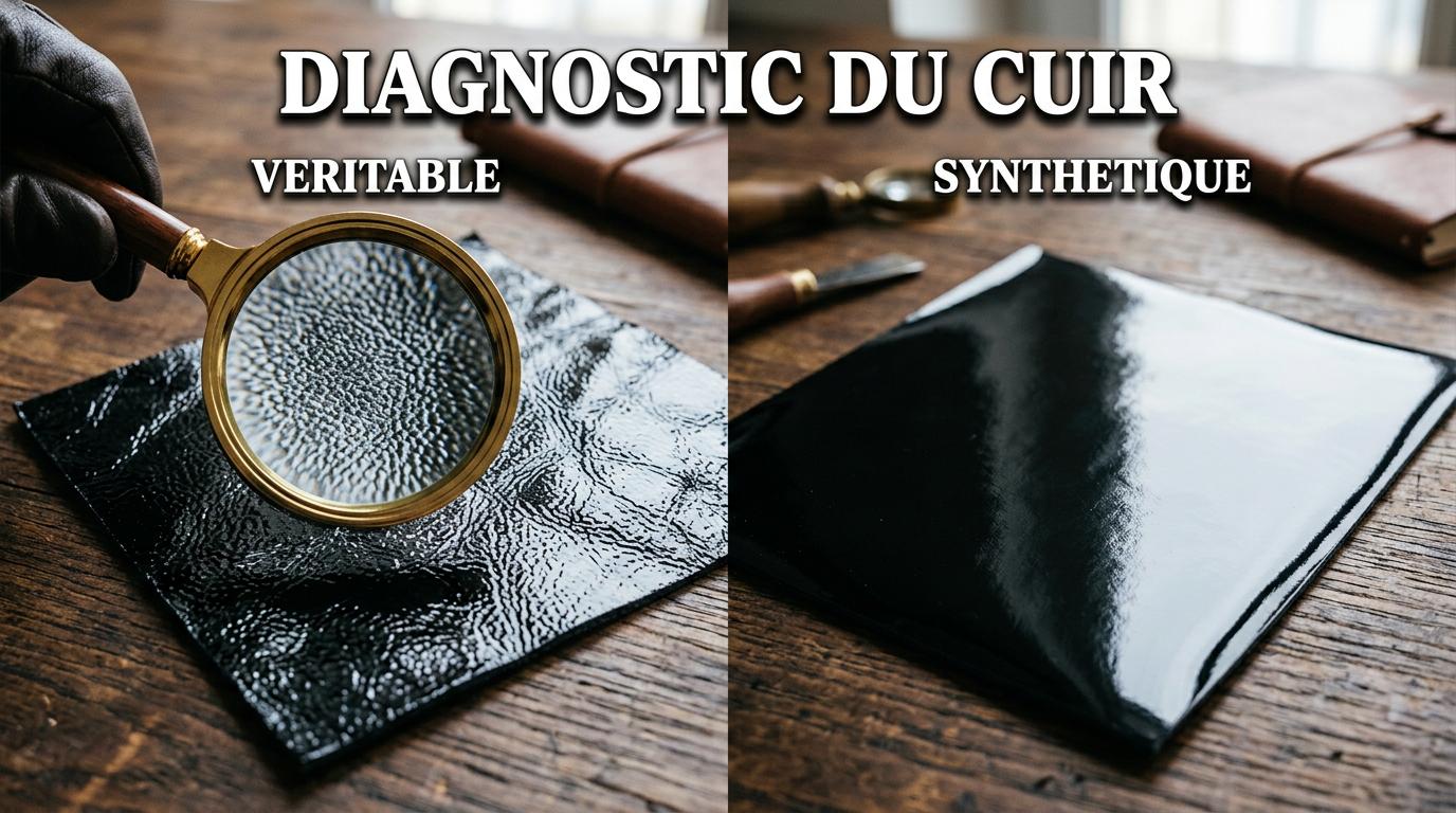 Comparaison du grain organique d'un cuir verni authentique sous une loupe face à une imitation synthétique uniforme, incluant le texte Diagnostic du cuir.