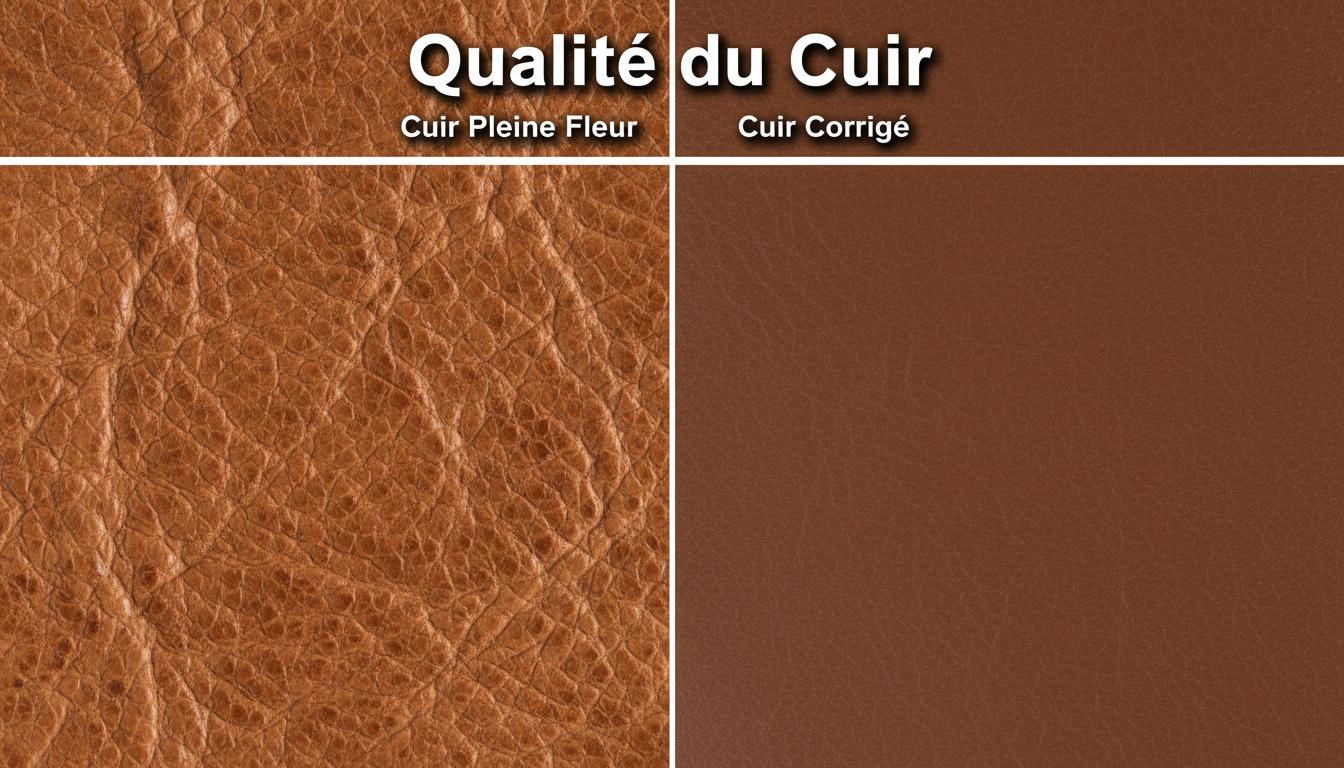 Comparaison macro juxtaposant le grain poreux authentique d'un cuir pleine fleur et une surface lisse uniforme, avec le texte en relief Qualité du Cuir.