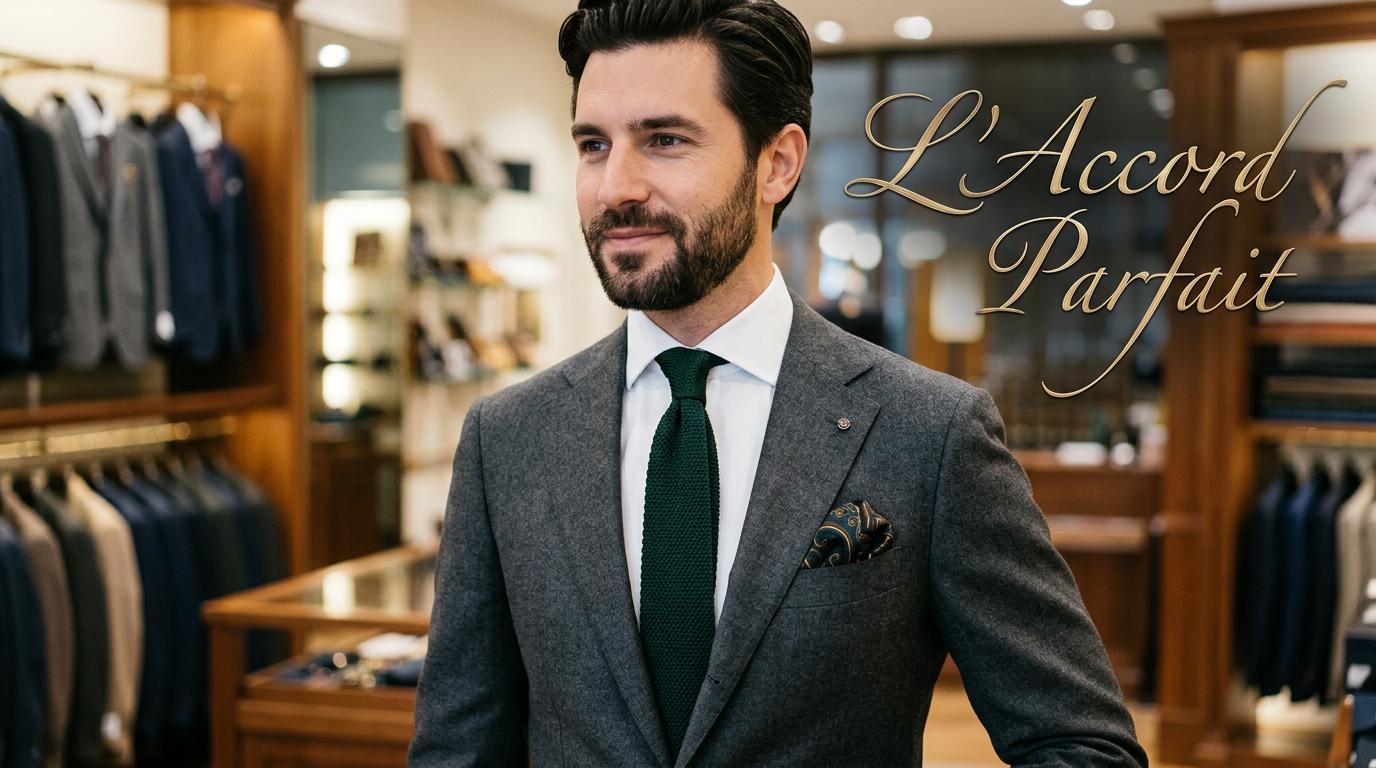 Torse d'un homme en costume gris avec cravate en tricot vert et pochette, surmonté du texte doré L'Accord Parfait.