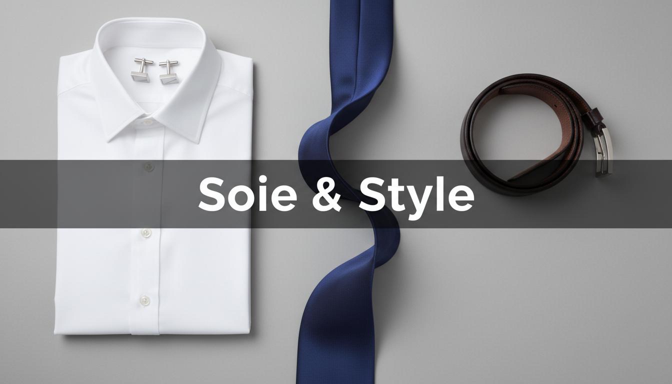 Cravate en soie marine scintillante posée sur une chemise en coton blanc pliée avec boutons de manchette et ceinture, texte Soie & Style en surimpression.