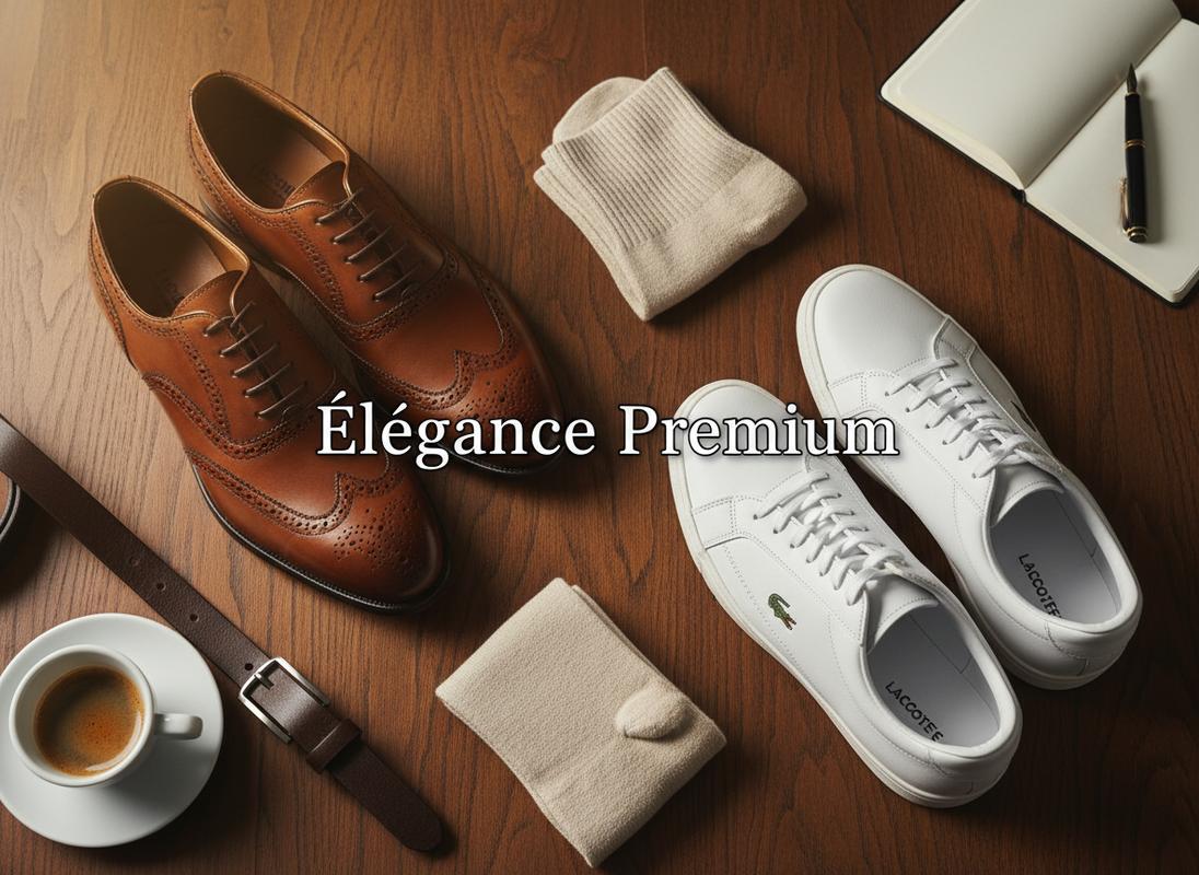 Derbies en cuir marron poli et baskets blanches Lacoste sur bois de chêne sombre, avec inscription Élégance Premium.