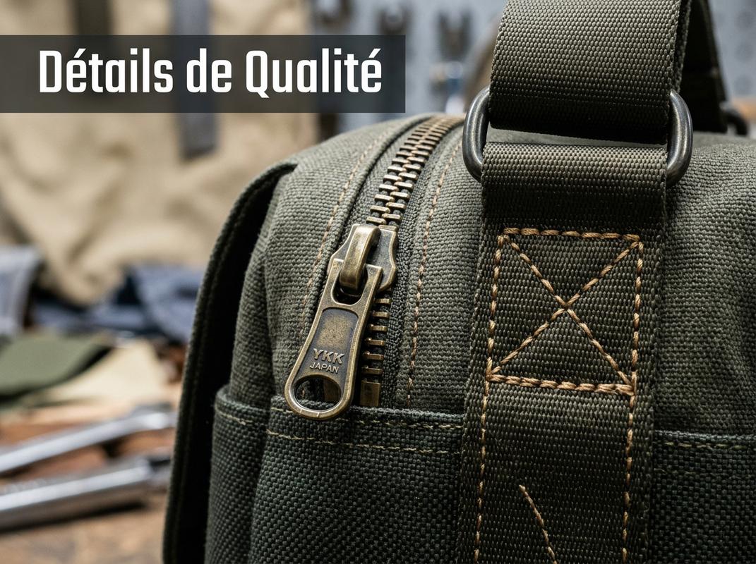 Gros plan macro montrant une fermeture éclair métallique YKK et des doubles coutures renforcées sur une sangle de sac, avec l'inscription Détails de Qualité.