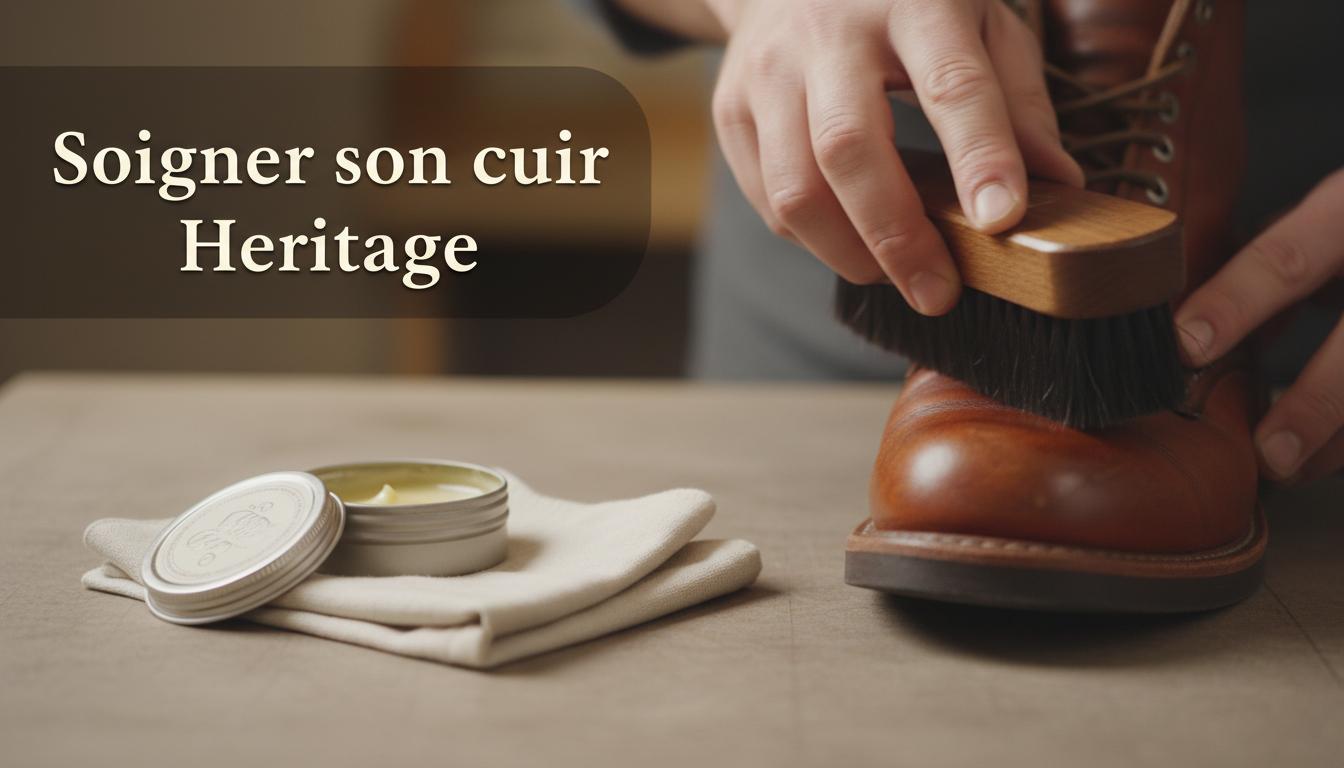 Des mains utilisent une brosse en crin de cheval pour lustrer une botte en cuir à côté d'un baume d'entretien et du texte Soigner son cuir Heritage.