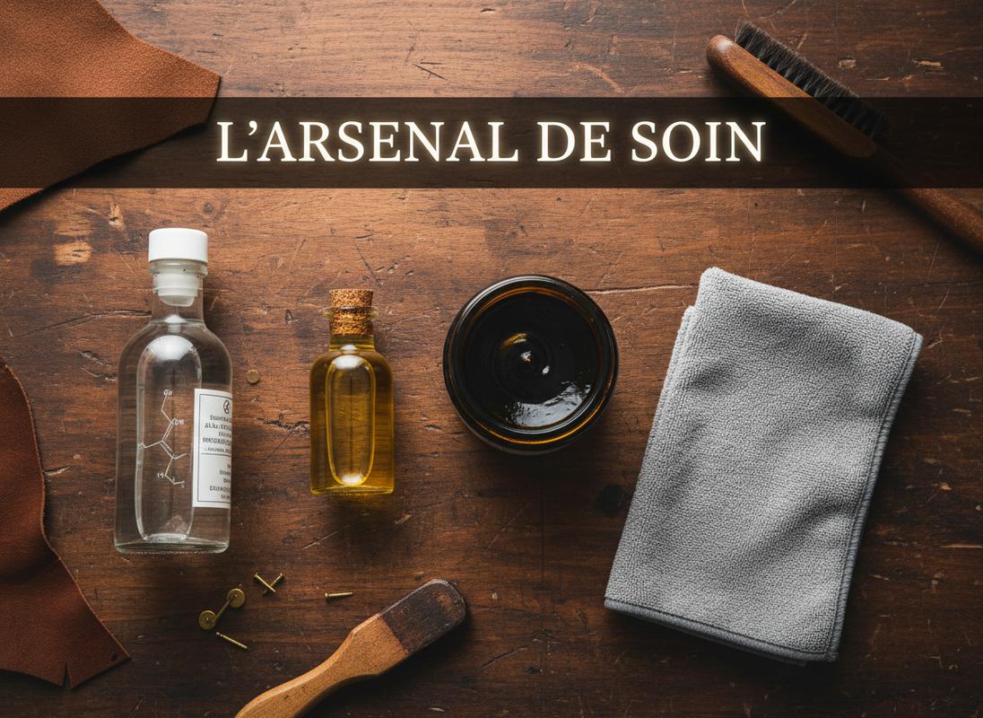 Établi en bois sombre avec huile de jojoba, crème noire, microfibre et alcool isopropylique sous le texte L'ARSENAL DE SOIN.
