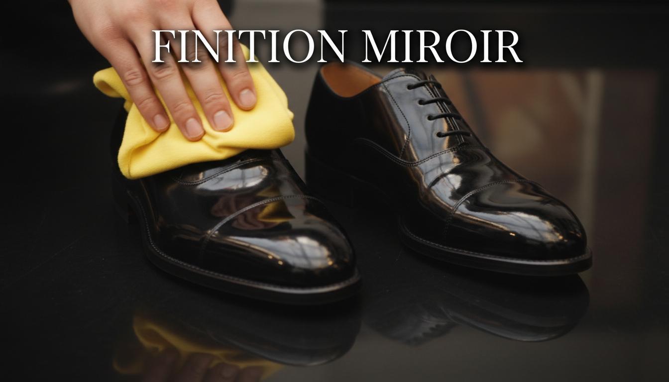 Chaussures Oxford en cuir verni sur un sol sombre réfléchissant polies par une chamoisine jaune avec le texte en surimpression Finition Miroir.