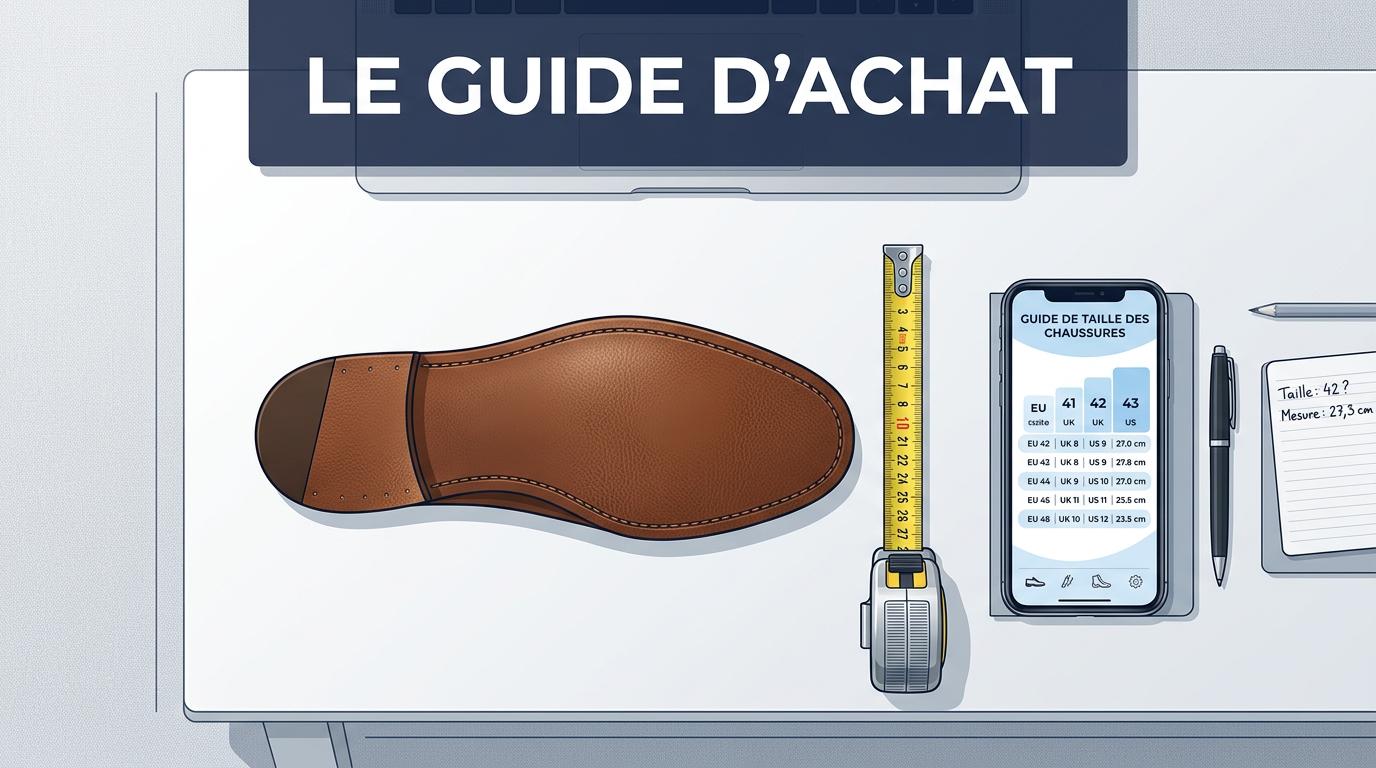 Smartphone affichant un tableau des tailles posé près d'une semelle en cuir et d'un mètre ruban avec le texte Le Guide d'Achat.