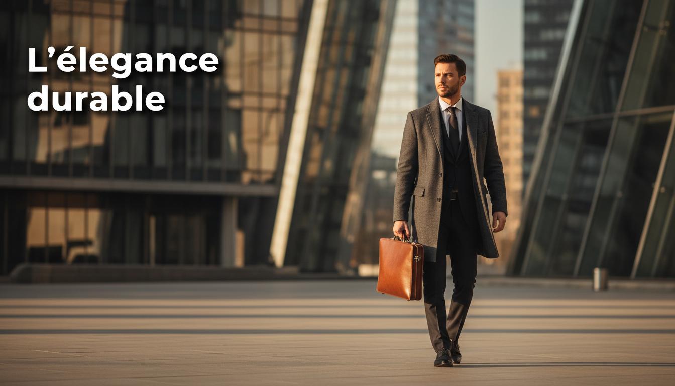 Homme élégant avec mallette en cuir marchant dans un quartier urbain moderne, incluant le texte L'élégance durable.