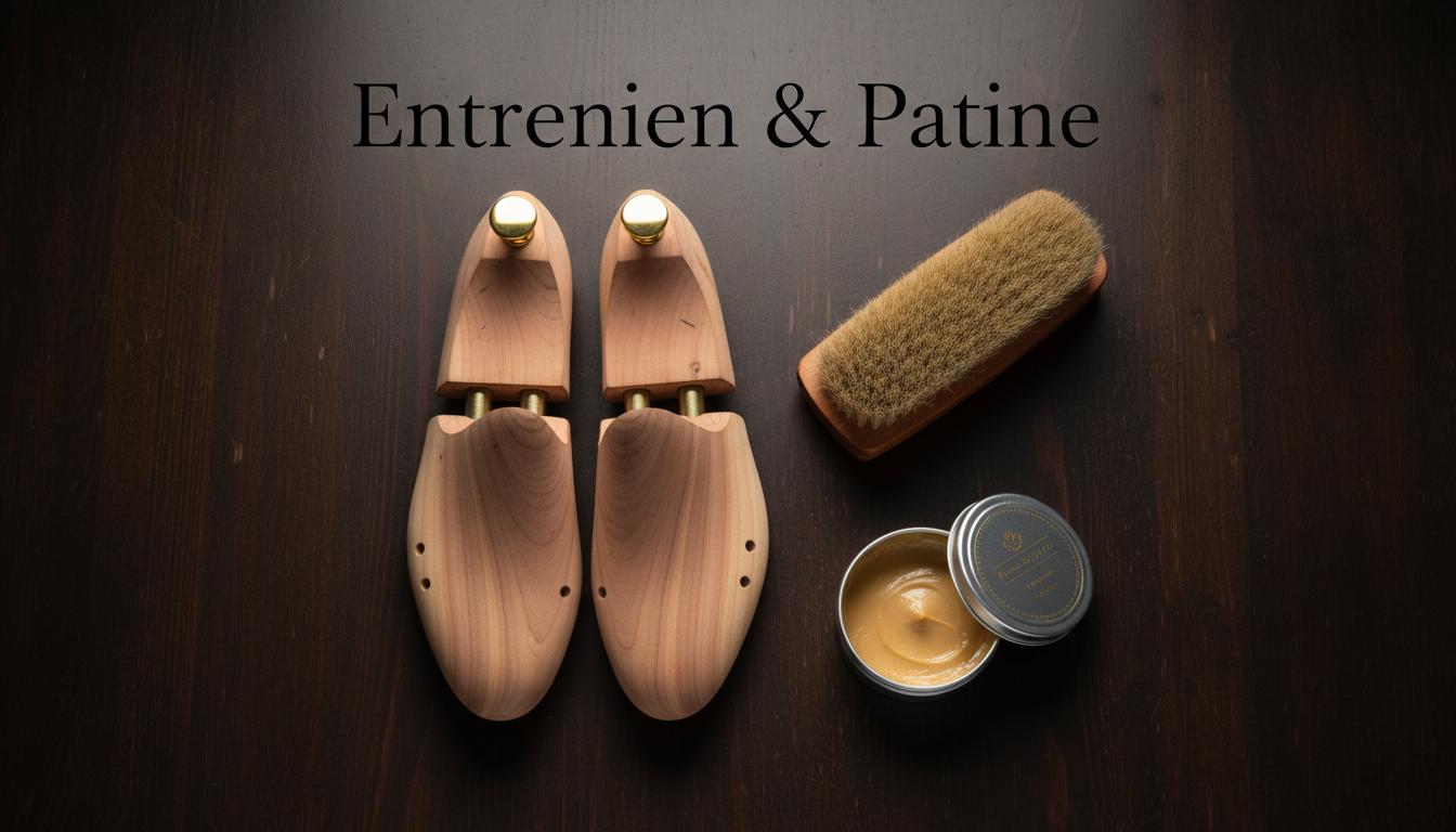 Vue de dessus d'embauchoirs en cèdre, brosse en crin et boîte de cirage sur table sombre avec texte élégant Entretien et Patine.