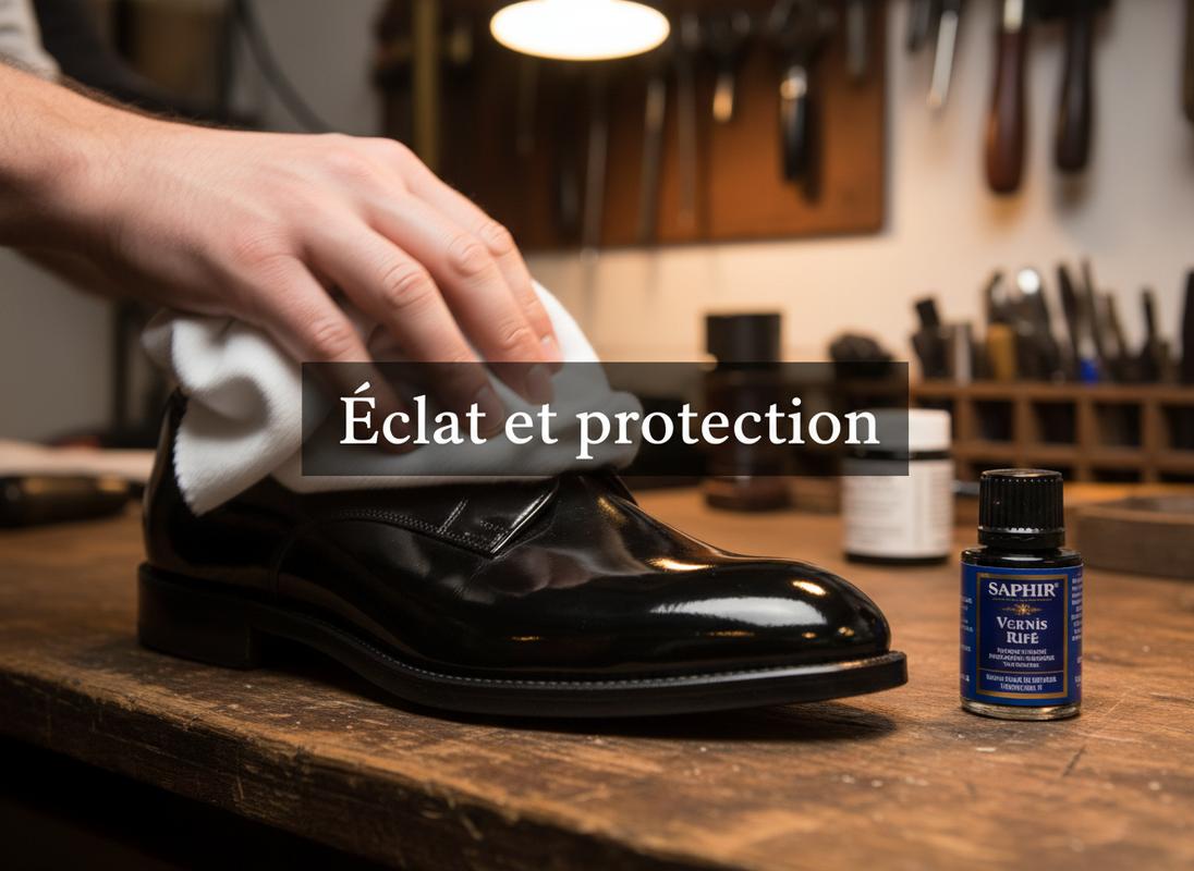 Un chiffon blanc lustre une chaussure en cuir verni miroitante à côté d'un flacon de Saphir Vernis Rife avec l'inscription Éclat et protection.