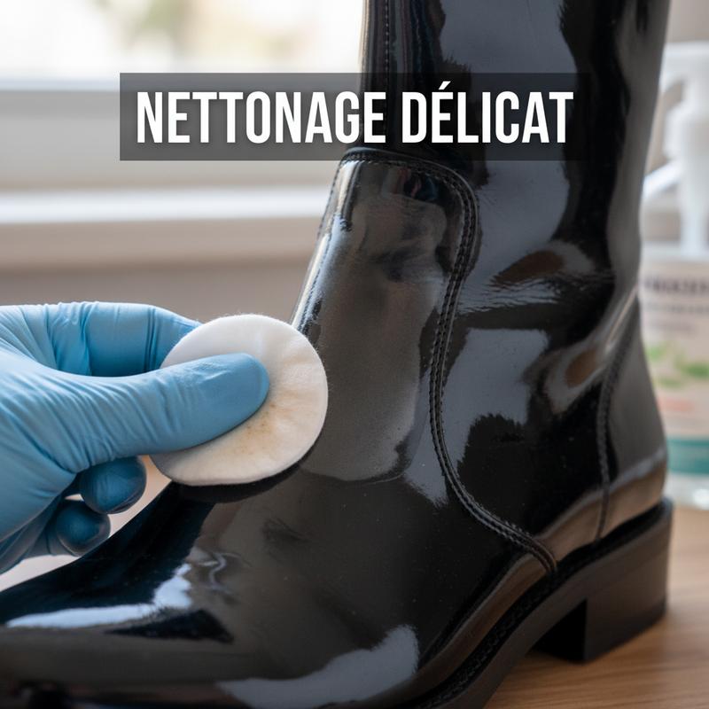 Main gantée de nitrile nettoyant une botte en cuir verni avec un coton pour ôter un voile collant, sous l'inscription graphique NETTOYAGE DÉLICAT.
