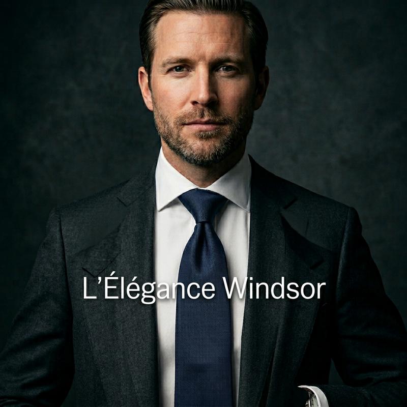 Nœud de cravate Double Windsor symétrique et volumineux sur une chemise à col large, avec le texte blanc L'Élégance Windsor.