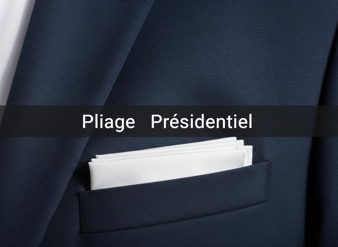 Pochette de costume blanche en pliage présidentiel horizontal sur une veste bleu marine avec texte en superposition.