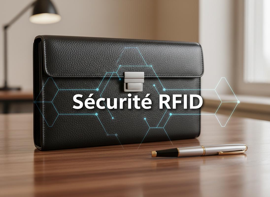 Pochette en cuir professionnel Gérard Henon sur un bureau en noyer avec des lignes bleues lumineuses et l'inscription Sécurité RFID.
