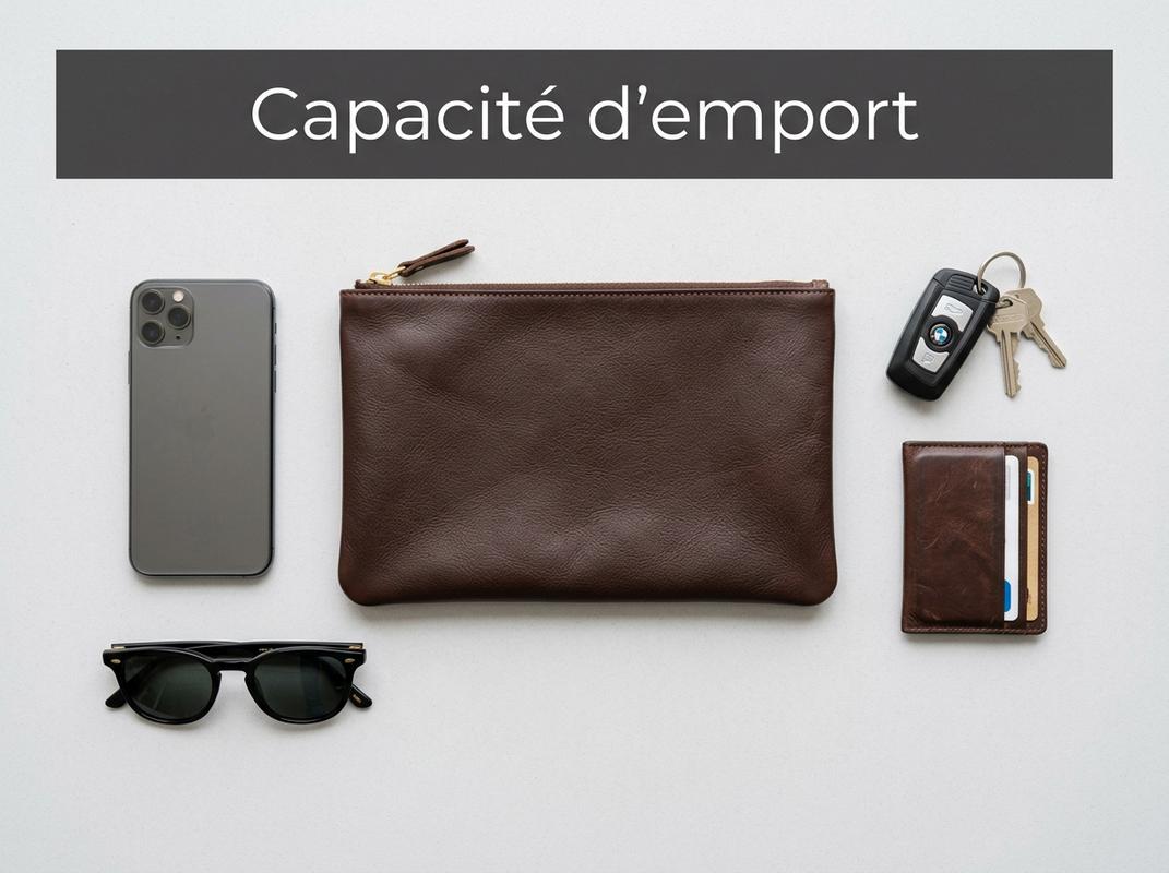 Pochette en cuir marron entourée d'un smartphone, d'un portefeuille, de clés et de lunettes avec le texte Capacité d'emport.
