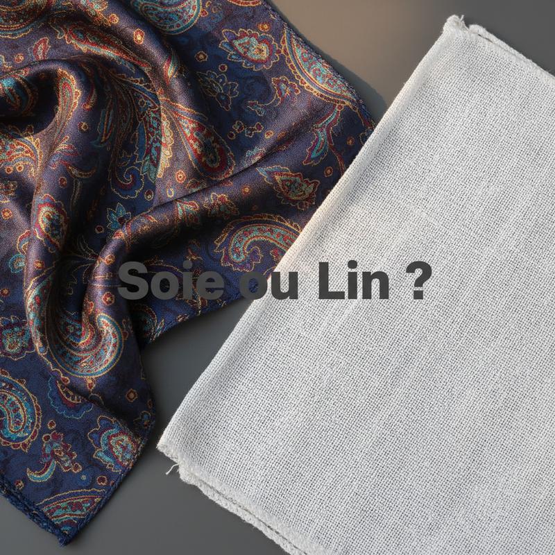 Pochette en soie italienne paisley et pochette en lin blanc rustique côte à côte avec le texte Soie ou Lin ?