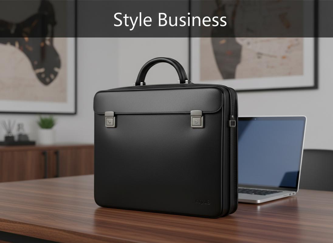 Porte-documents en cuir noir Le Tanneur sur un bureau en bois élégant avec le texte Style Business écrit en lettres argentées.