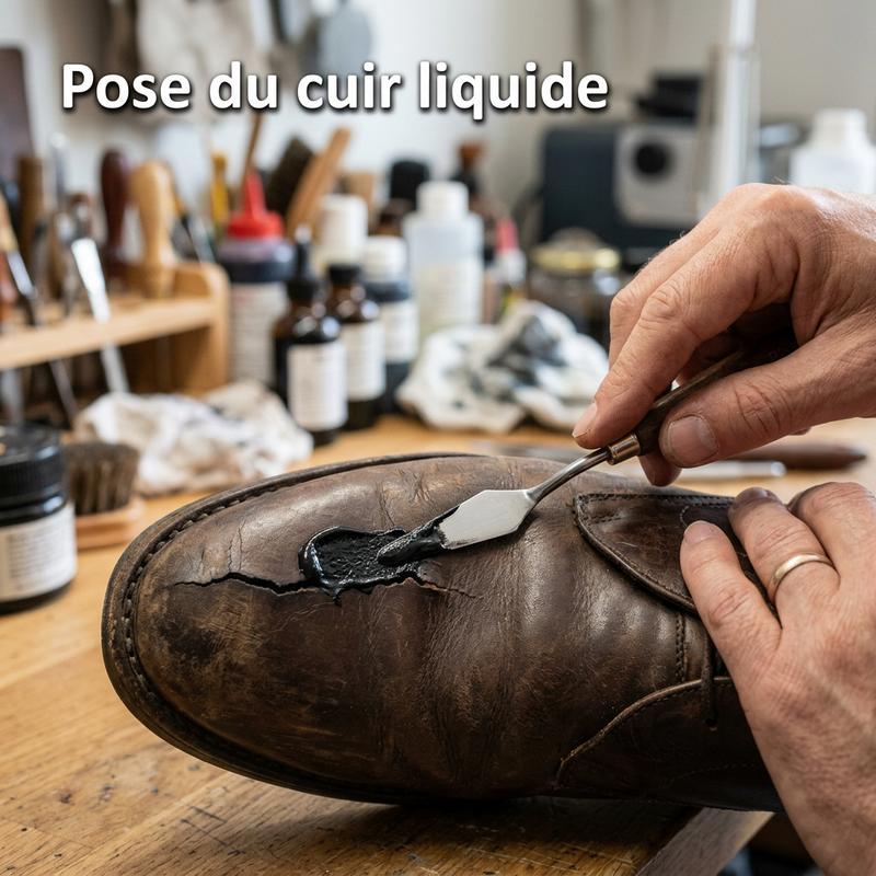 Une main experte applique du cuir liquide noir avec un couteau à palette dans la fissure d'une chaussure sur un établi avec le texte Pose du cuir liquide.