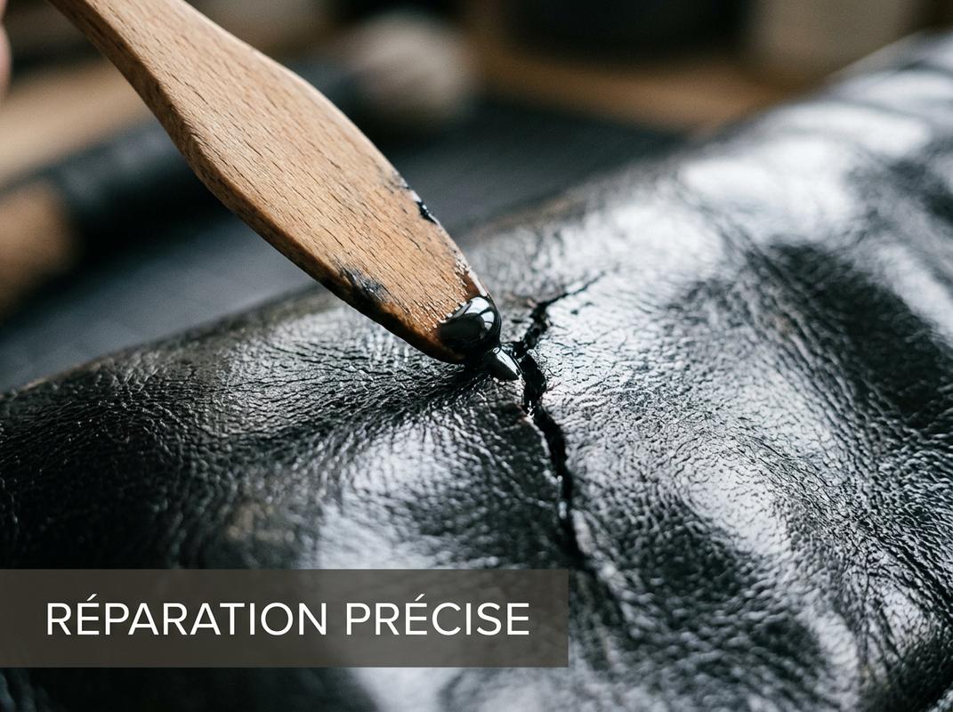 Spatule en bois appliquant avec précision de la résine noire dans une fissure de cuir brillant sous une bannière textuelle Réparation Précise.