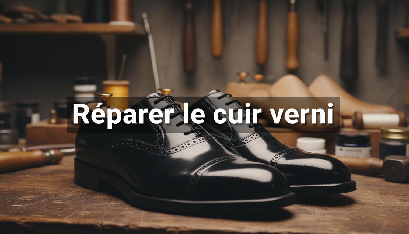 Des chaussures richelieu en cuir verni noir à la finition miroir brillent dans un atelier de cordonnerie sous l'inscription Réparer le cuir verni.