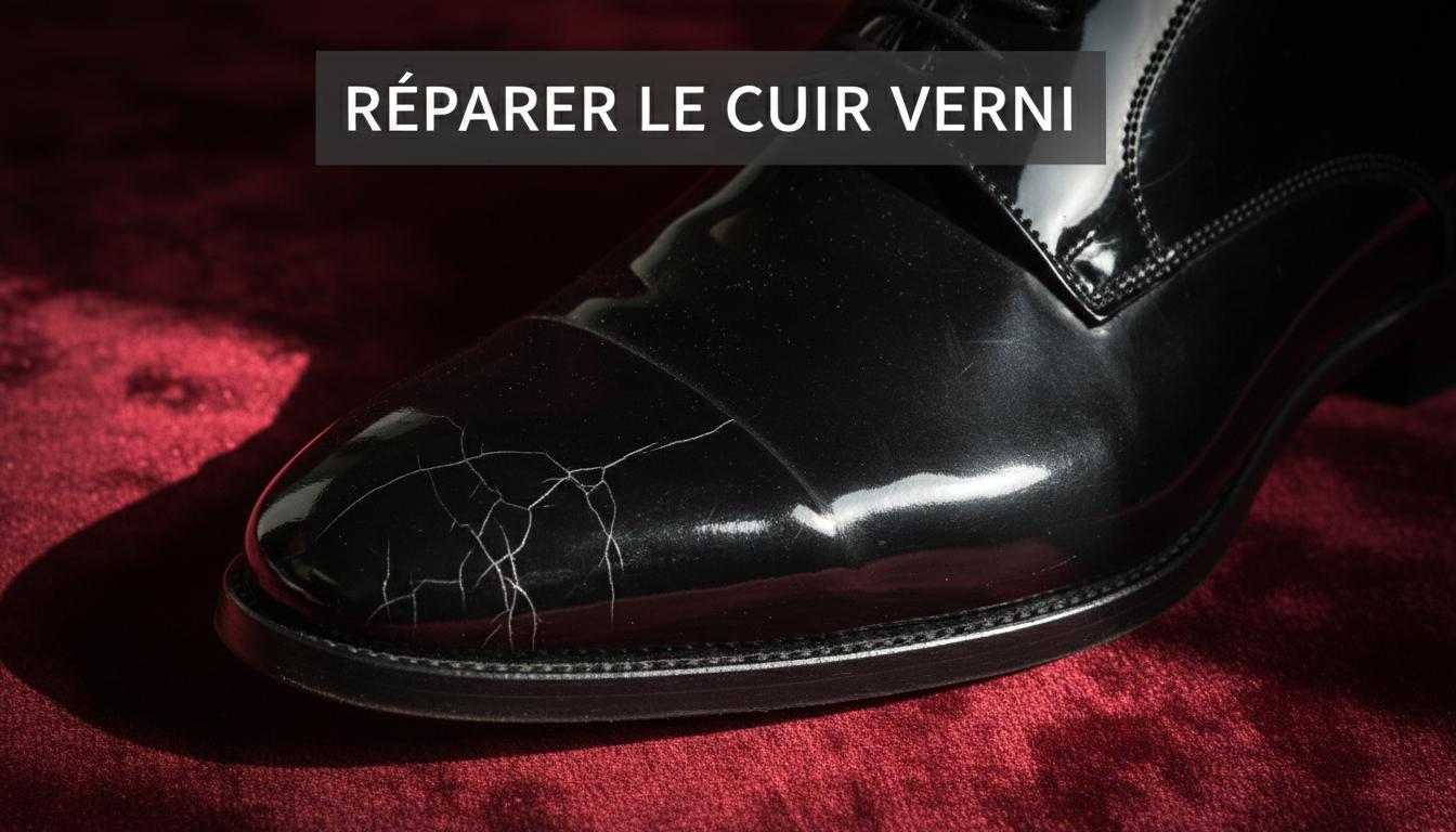 Chaussure en cuir verni noir présentant des craquelures en toile d'araignée sur le bout, posée sur du velours avec le texte Réparer le cuir verni.