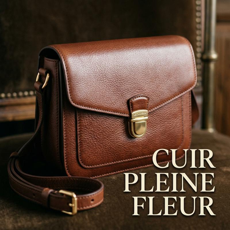 Gros plan sur la texture grainée et la patine naturelle d'un sac bandoulière Le Tanneur en cuir pleine fleur avec l'inscription Cuir Pleine Fleur.