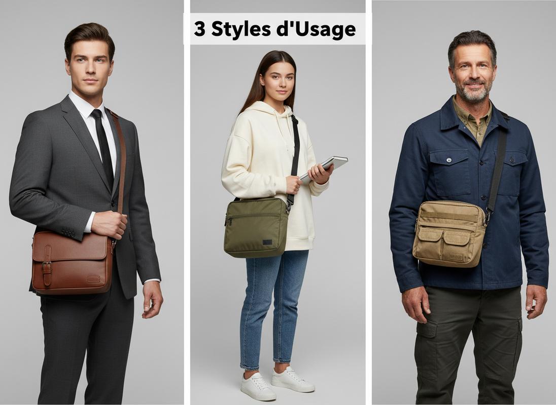 Triptyque montrant un professionnel, un étudiant et un voyageur portant des sacs en bandoulière en cuir, nylon et utilitaire avec le texte 3 Styles d'Usage.