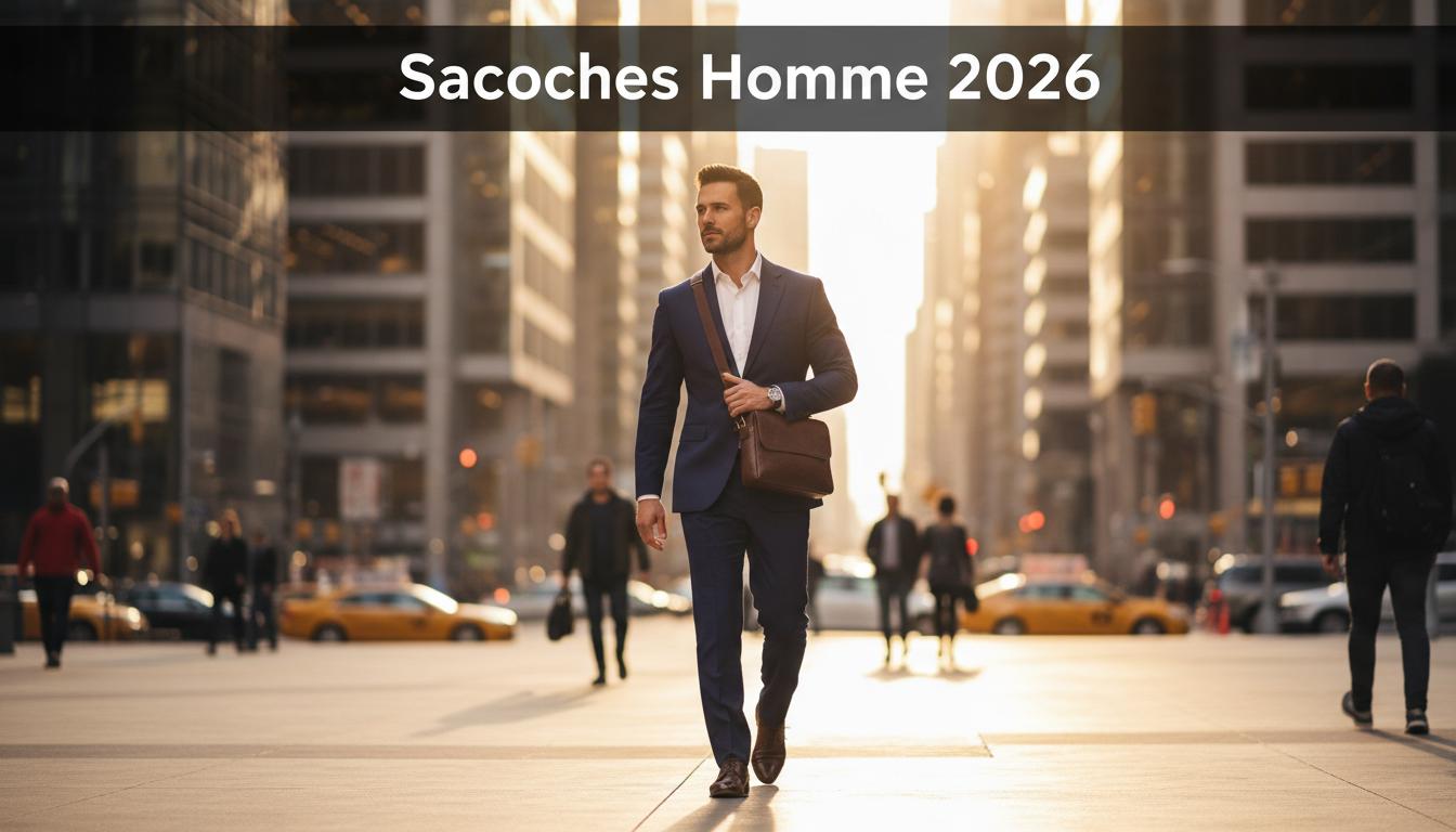 Homme élégant marchant dans un quartier d'affaires ensoleillé avec une sacoche en cuir crossbody et le texte Sacoches Homme 2026.