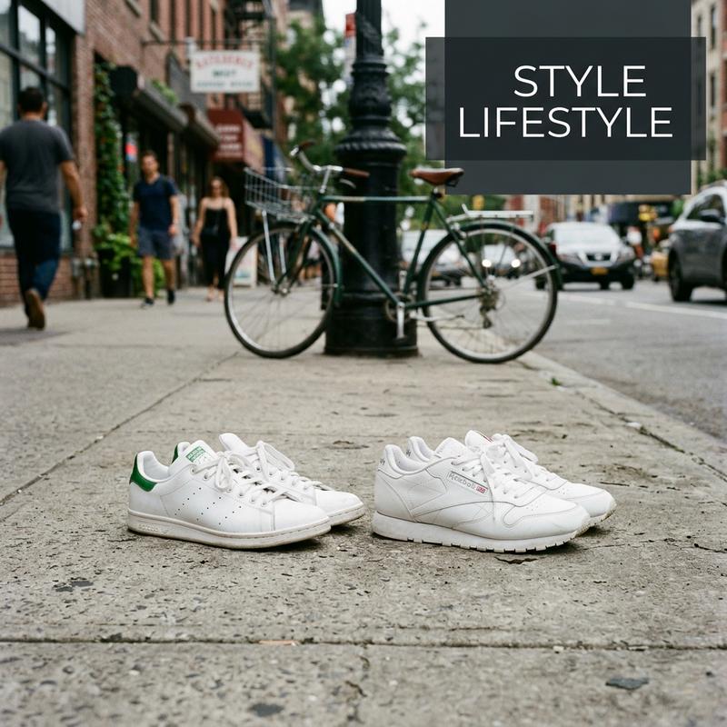 Baskets blanches Adidas Originals et Reebok sur un trottoir urbain avec un vélo vintage en arrière-plan et texte Style Lifestyle.