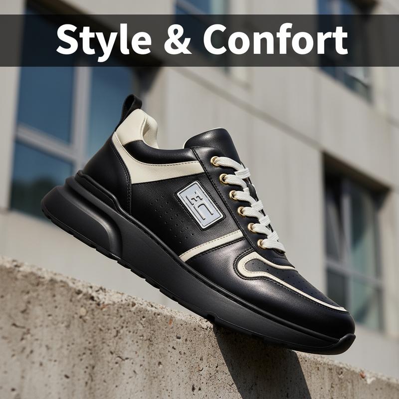 Baskets Louis Vuitton Trainer en cuir de luxe en contre-plongée sur fond urbain avec l'inscription Style & Confort.