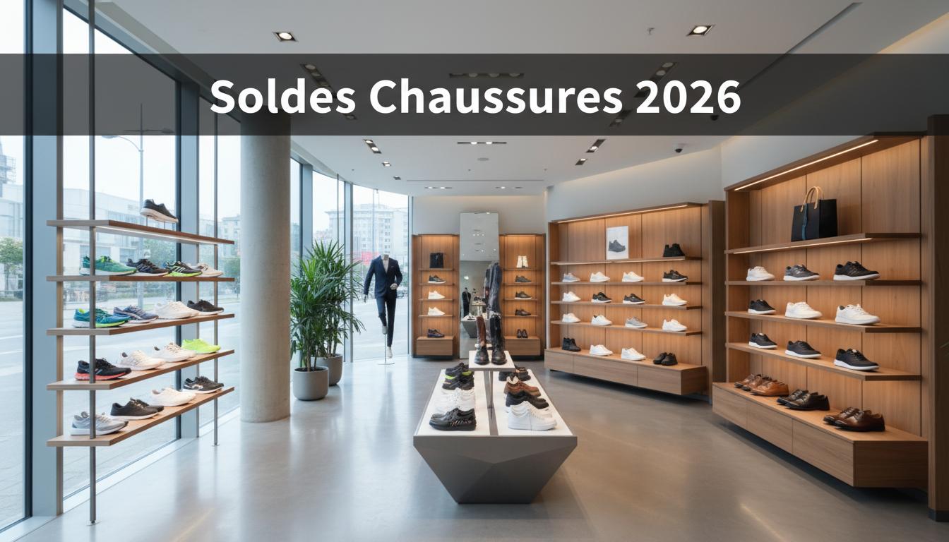 Boutique de chaussures moderne et lumineuse avec rayons de baskets et souliers élégants, affichant le texte Soldes Chaussures 2026.