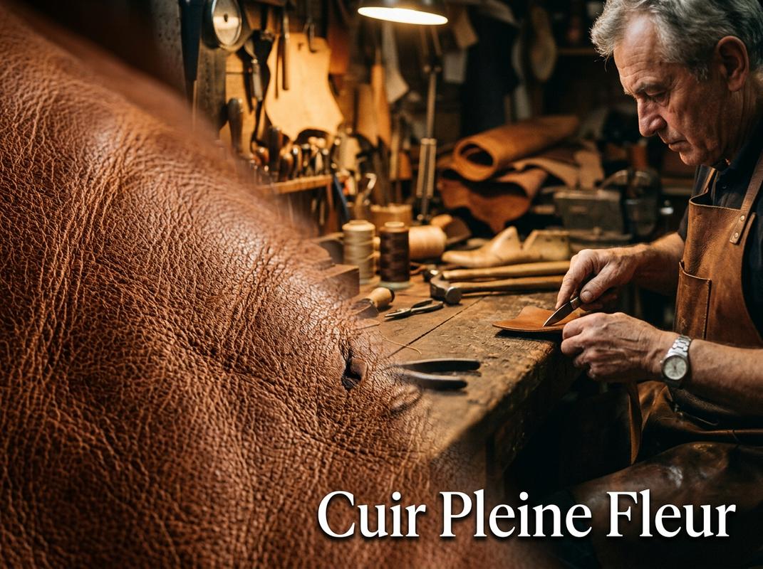 Gros plan sur le grain d'un cuir pleine fleur, mains d'artisan cordonnier et outils traditionnels en arrière-plan, avec le texte 'Cuir Pleine Fleur' superposé.