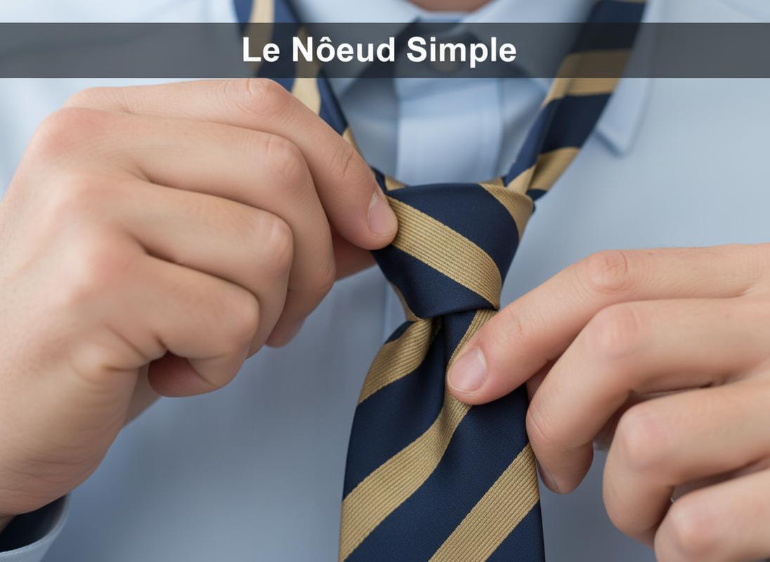 Mains guidant le pan large d'une cravate en soie pour nouer un nœud simple sur une chemise bleue, avec l'inscription Le Nœud Simple.