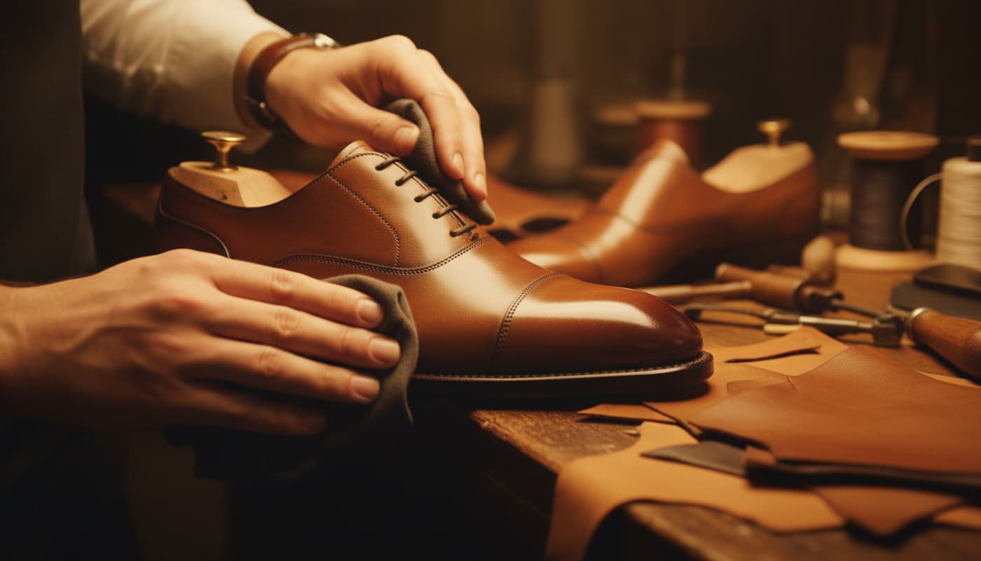Mains d'un artisan cordonnier polissant le bout glacé d'un soulier oxford en cuir marron dans un atelier au décor authentique et chaleureux.
