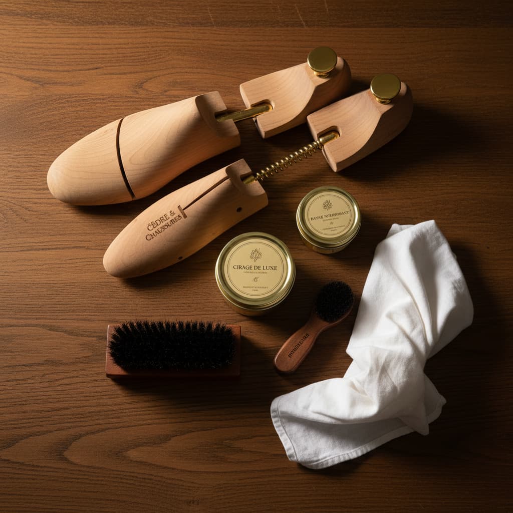 Kit d'entretien pour chaussures avec brosse en crin, chiffon blanc, cirage et embauchoirs en cèdre disposés sur une table en chêne sombre vue de dessus.