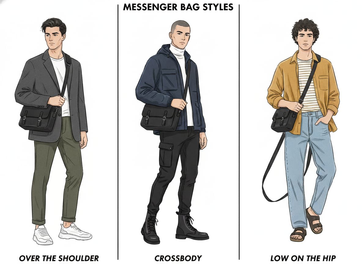 Trois illustrations montrant un homme portant une sacoche en bandoulière sur l