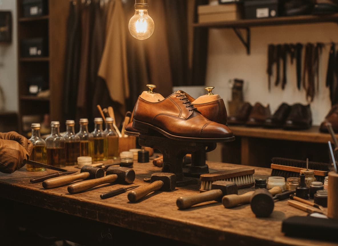 Une paire de chaussures en cuir repose sur un embauchoir en bois dans un atelier de cordonnier, entourée d